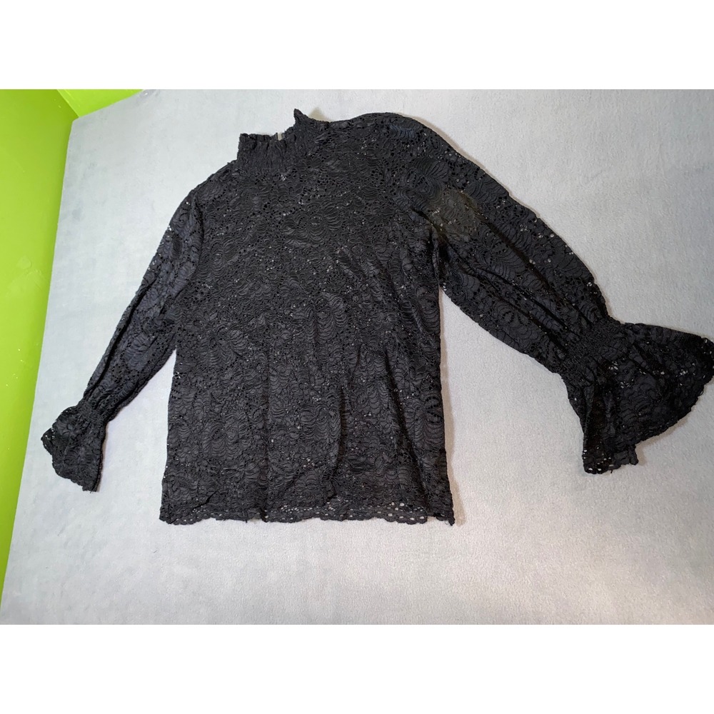 Black Floral Lace Mock Neck Blouse Long Smocked Flare Sleeve Top Gothic Romantic